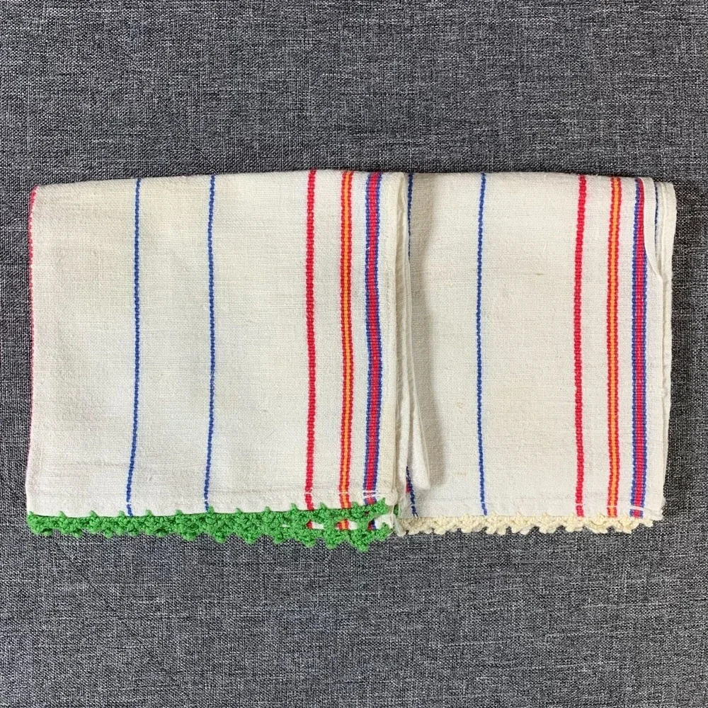 Vintage Kitchen Towels with Stripes Crochet Trim Set of 2 Green Beige Trim